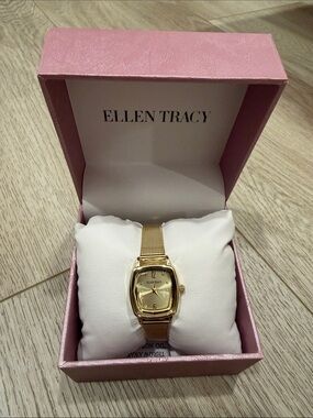 Ellen Tracy Gold Mesh Strap Square Dial Watch